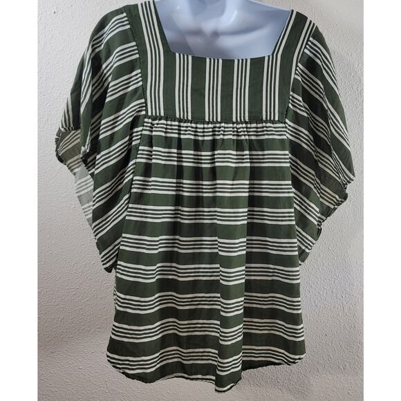 Time & Tru Green White Stripe Flowy Sleeves Top Large 12 14 Lightweight Ruffled - Picture 3 of 6